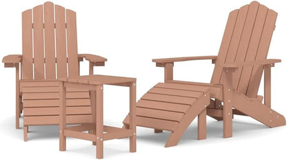 Brown HDPE Adirondack Garden Chair Set with Footstools and Table, 2 Chairs, UV-Resistant Outdoor Furniture for Patio, Balcony, Relaxation, Durable Comfortable Detachable