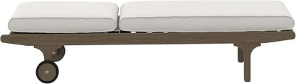 Modway Saratoga Teak Outdoor Chaise Lounge Chair in Weathered Gray White – Adjustable Wood Pool Lounge Chair with Wheels and Cushions