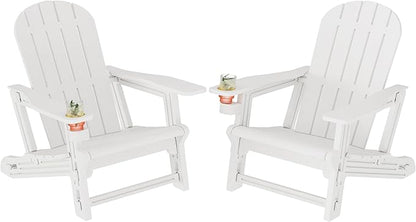 Shintenchi Adirondack Chairs Set of 2,HDPE Adirondack Chairs w/Removable Tablelop & Umbrella Hole,All-Weather Wooden Textured Plastic Outdoor Chairs w/Cup Holders for Garden Backyard Pool,White