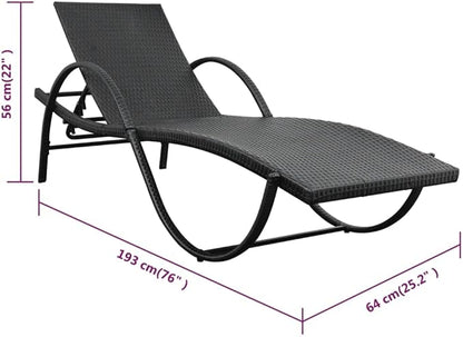 76" Outdoor Chaise Lounge, All-Weather Rattan, 5-Position Backrest, Steel Frame, Black/Cream Cushion, Patio Pool Garden