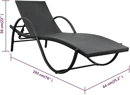 76" Outdoor Chaise Lounge, All-Weather Rattan, 5-Position Backrest, Steel Frame, Black/Cream Cushion, Patio Pool Garden
