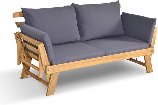 DORTALA Patio Convertible Couch Sofa Bed, Acacia Wood Daybed with Adjustable Armrest, Collapsible Chaise Lounge w/Cushions & Pillows, Grey