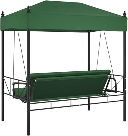 Outdoor Convertible Garden Swing Bench with Canopy, 3-Seater Patio Porch Swing Bed, Heavy Duty Powder-Coated Steel Frame, Weather-Resistant Yard Seat, Green