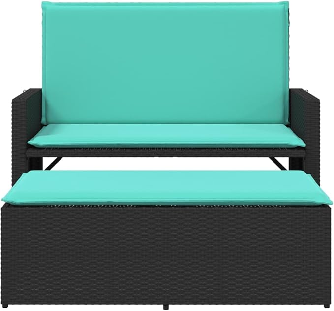 Garden Bench Deck Bench Patio Bench with Cushions and Footstool Black Poly Rattan - Photo 5