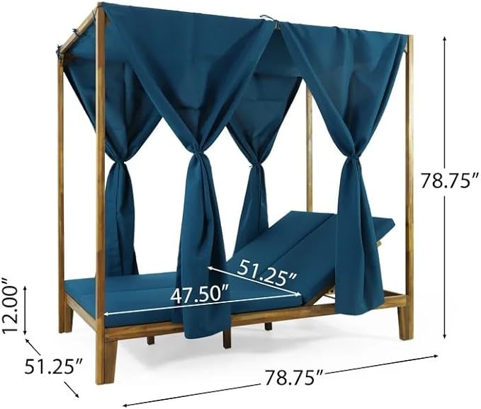 Christopher Knight Home Kenzie Acacia Wood Outdoor Daybed with Canopy, Double Chaise Lounge Chair Outdoor with Cushion - Photo 2