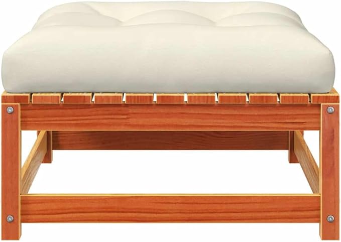 Outdoor Patio Garden Footstool Set 2-Pack, 27.6"x27.6" Solid Pine Wood Stools with Removable Cream Cushion - Photo 6
