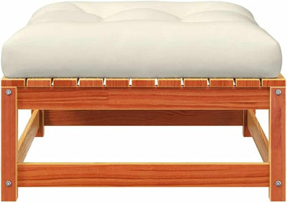 Outdoor Patio Garden Footstool Set 2-Pack, 27.6"x27.6" Solid Pine Wood Stools with Removable Cream Cushion, Wax Brown Finish, Compact Seating for Balcony, Terrace, Porch