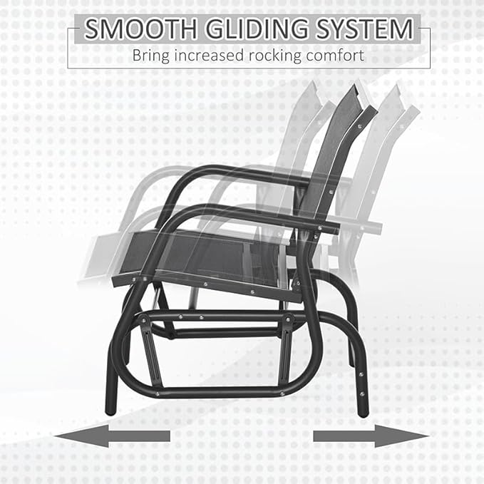 Outsunny Porch Glider Set of 2, Metal Frame Swing Glider Chair with Breathable Mesh Fabric, Curved Armrests and Steel Frame for Garden, Poolside, Backyard, Balcony, Black