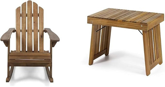 Christopher Knight Home Cara Outdoor Adirondack Acacia Wood Rocking Chair, Dark Brown Finish Hilton Outdoor Acacia Wood Folding Side Table, Teak Finish