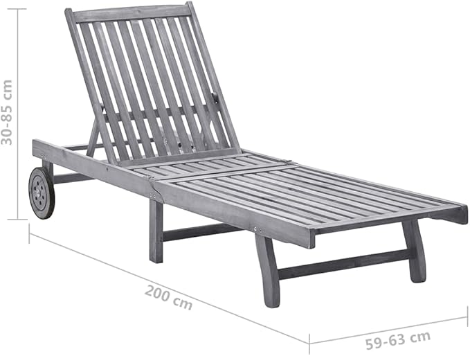 Grey Acacia Wood Outdoor Chaise Lounge 78.7" Long, Multi-Position Reclining Sunlounger with Wheels & Cushion - Photo 2