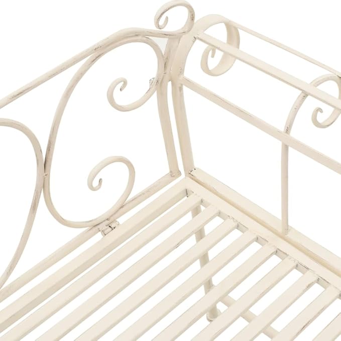 Garden Bench Antique White Metal, 52 inch Wide Outdoor Seating, Decorative Scroll Pattern, Weather-Resistant Patio Furniture for Porch Patio Bench