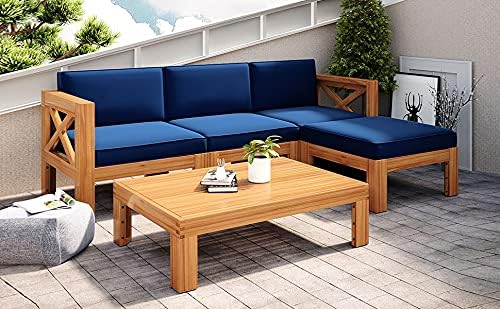 Quarte 5 Piece Outdoor Acacia Wood Sofa Set, X-Back Frames Design, Sectional Sofa Seating Group Set with Cushions
