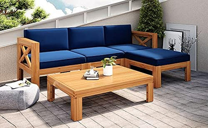 Quarte 5 Piece Outdoor Acacia Wood Sofa Set, X-Back Frames Design, Sectional Sofa Seating Group Set with Cushions