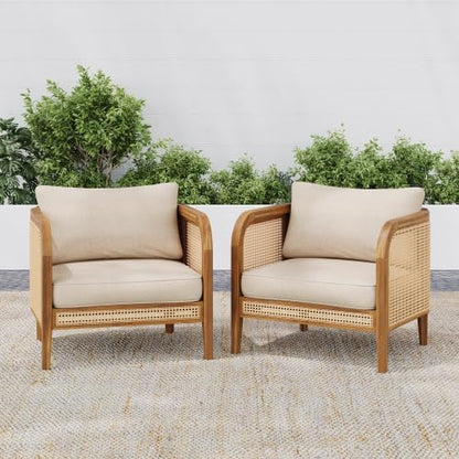Christopher Knight Home Set of 2 Tilden Bohemian Acacia Wood Patio Accent Chairs, Wicker Lounge Chair Outdoor, Patio Furniture Single Sofa with Cushion, Comfy Garden Reading Chair, Teak+Beige