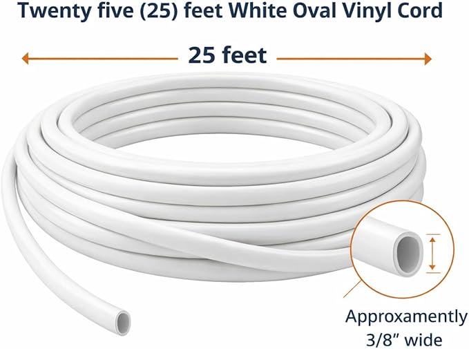 25' White Oval Vinyl Cord Spline Strapping Plastic Mid Century Retro to Repair Patio Furniture Beach Chair