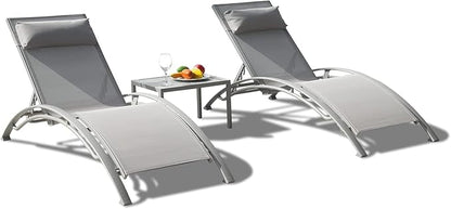 Domi Pool Lounge Chair Set of 3, Outdoor Chaise Lounge with Side Table, Adjustable Garden Aluminum Reclining Chair for Pool Beach Sunbathing Chair (Gray)