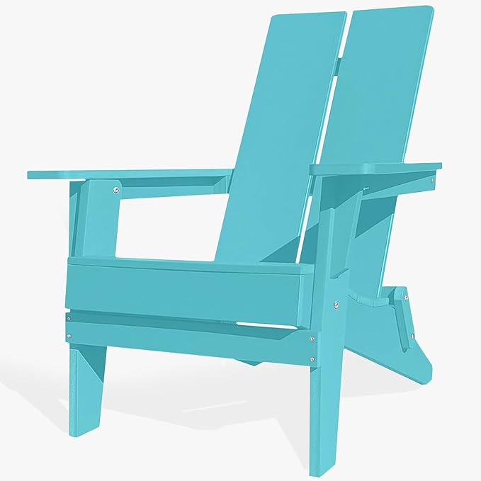 Modern Folding Adirondack Chair, All-Weather HIPS Plastic Outdoor Lounge with Cup Holder, Stackable Resin Patio Chair for Fire Pit, Garden, Deck & Backyard Seating (Teal Blue)