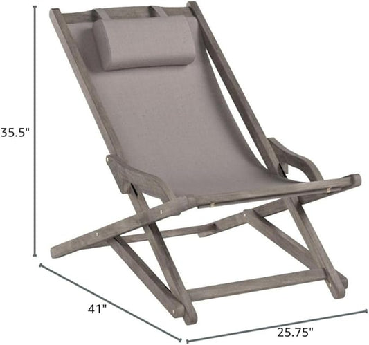 Grey Wooden Beach Sling Chair Set of 2 Outdoor Lounge Chairs for Pool Patio Backyard and Beach with Pillow Comfortable Folding Portable Recliner