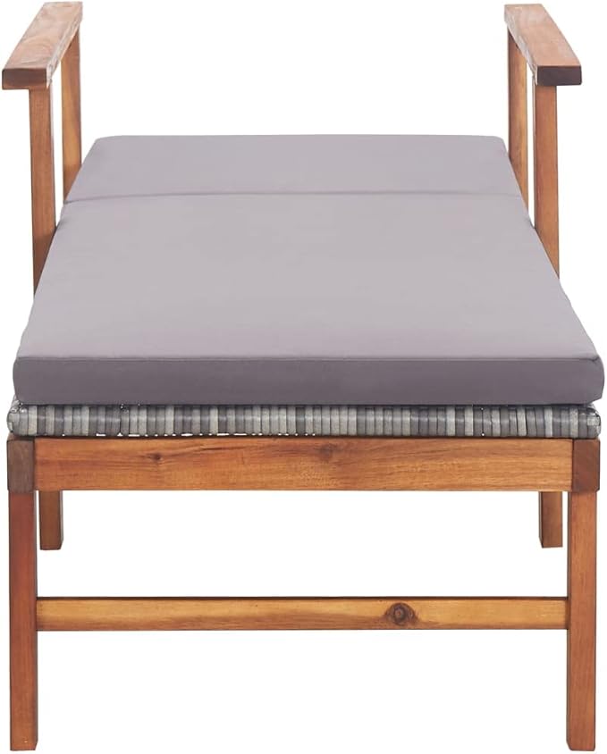 Outdoor Chaise Lounge 78.7 in Grey Poly Rattan with Acacia Wood Frame Adjustable Reclining Patio Sunbathing Chair for Garden Poolside Deck