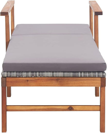 Outdoor Chaise Lounge 78.7 in Grey Poly Rattan with Acacia Wood Frame Adjustable Reclining Patio Sunbathing Chair for Garden Poolside Deck