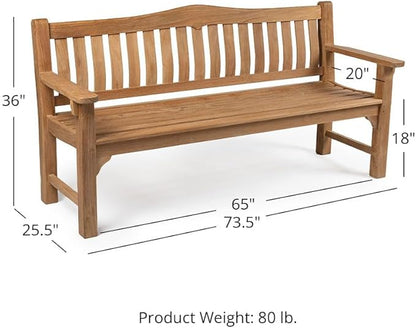 Ash & Ember Hawthorne Grade A Teak 73" Bench, Seats 2-3 People Comfortably, Weather Resistant Indoor Outdoor Solid Wood Patio Furniture with Tightly Spaced Slats, Bowed Back, Armrests