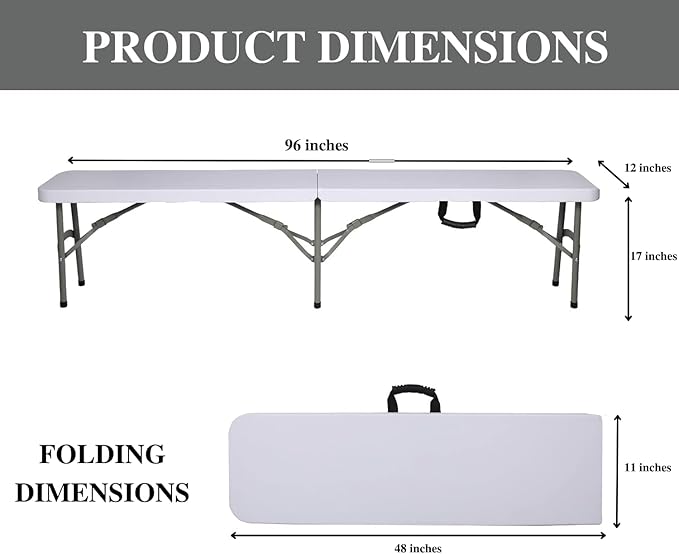 Plastic Folding Bench - Portable Bench Used for Indoor, Outdoor, Picnic, Party, Camping, Dining Seat, Garden Soccer Multipurpose Entertaining Activities, White (2, White, 8 Feet)