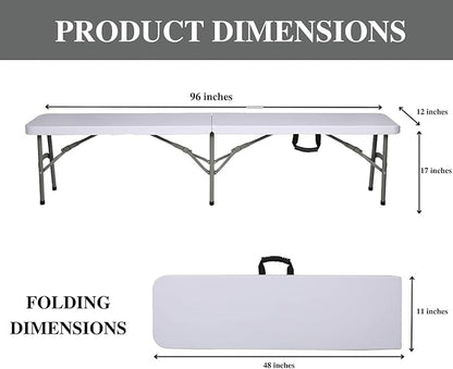 Plastic Folding Bench - Portable Bench Used for Indoor, Outdoor, Picnic, Party, Camping, Dining Seat, Garden Soccer Multipurpose Entertaining Activities, White (2, White, 8 Feet)
