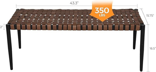 Grand patio Bench, 2-Seat Leather-Look Wicker Bench with Tapered Legs, Outdoor Bench for Small Front Porch Entryway