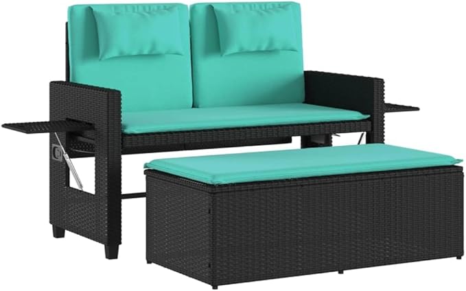 Reclining Patio Bench with Cushions Black Poly Rattan Porch Bench Outdoor Bench Deck Bench Garden Bench for patios - Photo 1