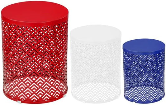 Outdoor Side Table Set of 3, Nesting Coffee End Tables Indoor, Lightweight Patio Furniture for Balcony, Garden,Coffee Table for Indoor, Plant Stand Outdoor,12", 14", 16" H (Blue & White & Red)