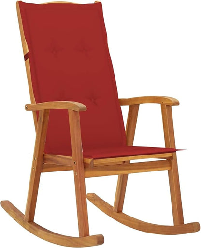 vidaXL Solid Acacia Wood Rocking Chair with Red Cushions - Vintage Retro High-Back Design for Living Room/Patio, Waterproof Cushion Included, Easy Assembly, Brown-Red