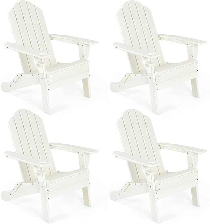Giantex Adirondack Chair Outdoor Folding Chairs, HDPE Weather Resistant Patio Chair with Built-in Cup Holder Lawn Chair for Patio, Backyard, Balcony, Deck Outside Plastic Fire Pit Chair (4, White)