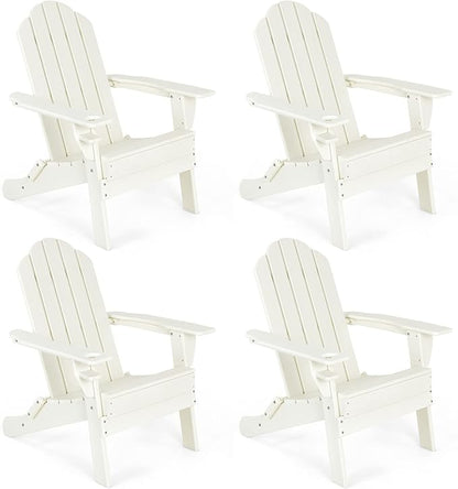 Giantex Adirondack Chair Outdoor Folding Chairs, HDPE Weather Resistant Patio Chair with Built-in Cup Holder Lawn Chair for Patio, Backyard, Balcony, Deck Outside Plastic Fire Pit Chair (4, White)
