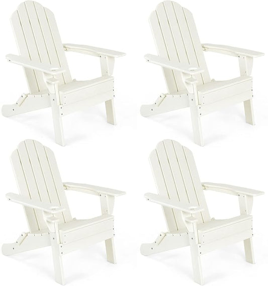 Giantex Adirondack Chair Outdoor Folding Chairs, HDPE Weather Resistant Patio Chair with Built-in Cup Holder Lawn Chair for Patio, Backyard, Balcony, Deck Outside Plastic Fire Pit Chair (4, White)
