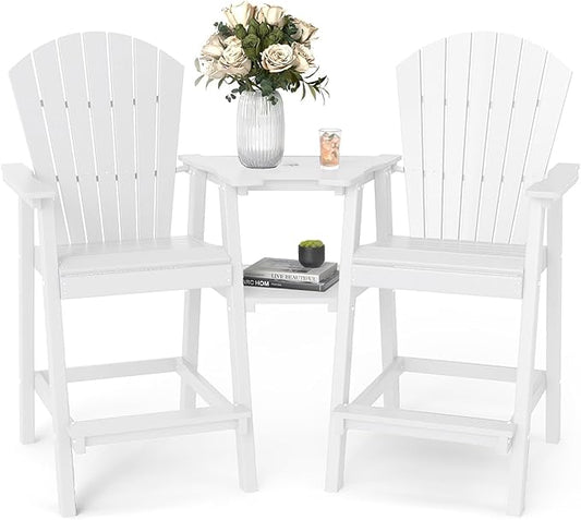 FOOWIN Tall Adirondack Chair Set of 2, All Weather HDPE Bar Height Adirondack Chair with Double Connecting Trays, Adirondack Barstools for Balcony, Deck, Backyard, Patio, Garden White