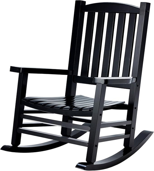 Wooden Rocking Chair Outdoor Oversized Porch Rocker Chair,Patio Wooden Rocker with High Back and Armrest,All Weather Rocker Slatted for Backyard,Garden,400 lbs Support,Black