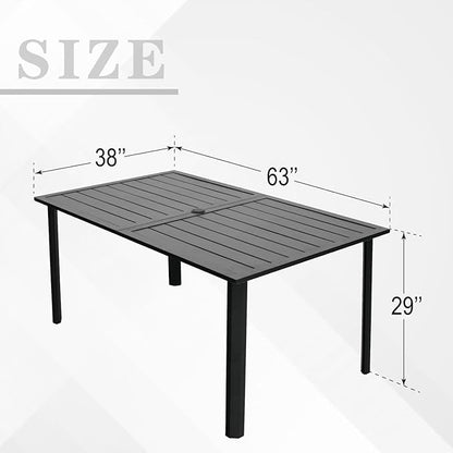 Outdoor Dining Table for 6-8 Person Weather-Resistant Patio Table with Umbrella Hole, 63L x 38W x 29H inches, Black Metal Frame Easy Install Black Outdoor Table for Backyard Garden Lawn
