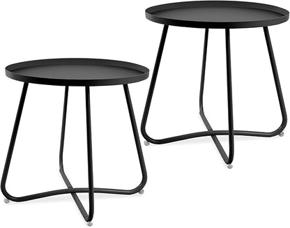 J.M.Deco Outdoor Side Table Set of 2, Small Round Patio Table Weather Resistant Steel, Small Accent End Table for Patio Yard Garden, Balcony, Bedside, Indoor & Outdoor (Black)