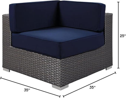 Modway Sojourn Wicker Rattan Outdoor Patio Sunbrella Fabric Corner in Canvas Navy
