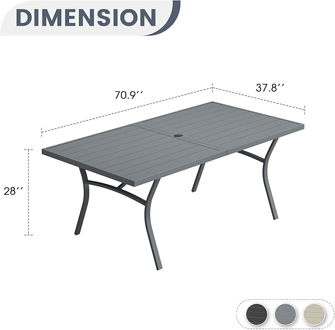 VICLLAX 70.9" Patio Dining Table for 8, Outdoor Rectangular Metal Table with 1.57" Umbrella Hole for Backyard Porch Backyard Garden Deck, Darkgrey