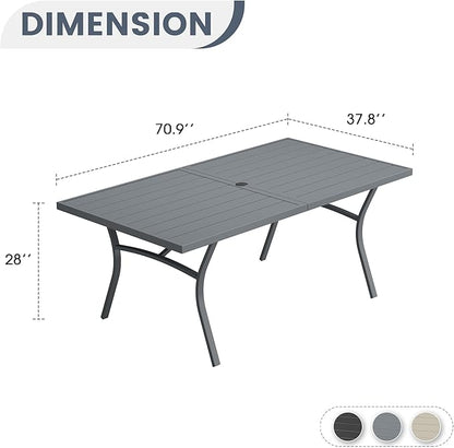 VICLLAX 70.9" Patio Dining Table for 8, Outdoor Rectangular Metal Table with 1.57" Umbrella Hole for Backyard Porch Backyard Garden Deck, Darkgrey