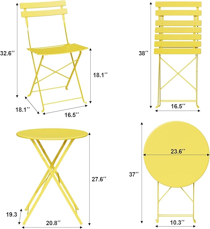 GarveeLife 3 Piece Outdoor Bistro Set, Metal Patio Furniture Set with 2 Chairs and 1 Table, Durable Steel Frame for Garden, Balcony, Porch, Backyard, Yellow