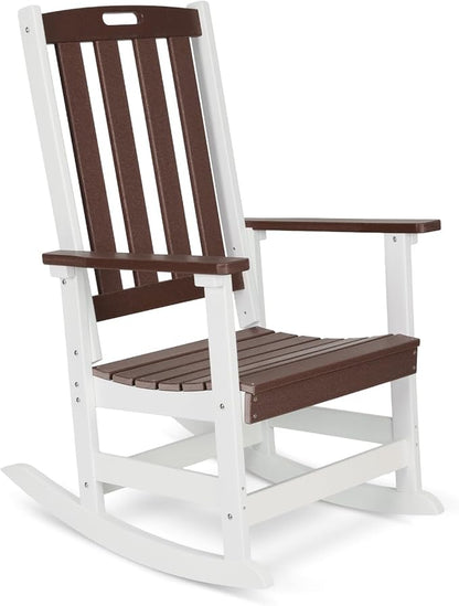 Aoodor Outdoor Rocking Chair, Ergonomic HDPE Rockers with All-Weather Design for Patio or Porch, Clashing Colors, Brown and White