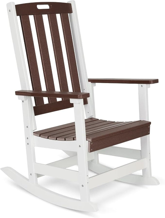 Aoodor Outdoor Rocking Chair, Ergonomic HDPE Rockers with All-Weather Design for Patio or Porch, Clashing Colors, Brown and White