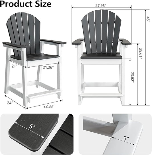 Tall Adirondack Chair Set of 2, Eco-Friendly Recycled Stylish Patio Bar Stools & Heavy Duty Lifeguard Chair, Perfect for High Top Table & Chairs on Your Balcony, Grey