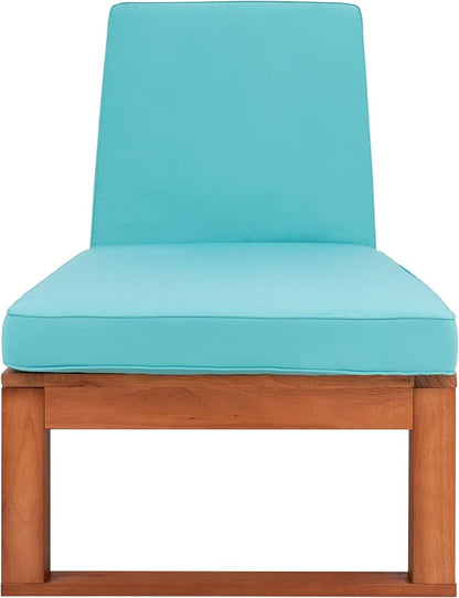 SAFAVIEH Outdoor Collection Solano Natural Brown Solid Wood/Aqua Blue Cushion Patio Adjustable Chaise Lounge Chair (PAT7024Q)