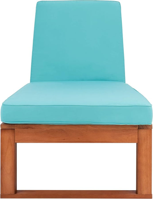 SAFAVIEH Outdoor Collection Solano Natural Brown Solid Wood/Aqua Blue Cushion Patio Adjustable Chaise Lounge Chair (PAT7024Q)