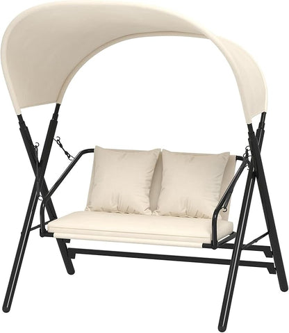 AECOJOY Outdoor Porch Swings for Adults 600LBS 2 Seat Patio Swings with Canopy Stand Thick Cushion Pillows Metal Steel Frame Patio Swing Chair for Garden Yard Deck Poolside Easy Assembly