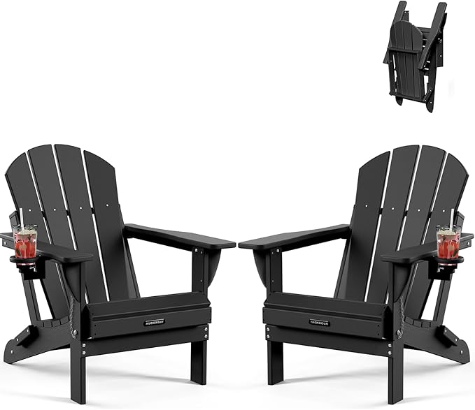 MUCHENGHY Folding Adirondack Chairs 2 Pack, Patio & Outdoor Chairs, Plastic Weather Resistant with Cup Holder for Deck - Photo 1