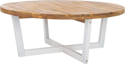 SAFAVIEH Outdoor Collection Leo Natural/White Solid Wood Round Coffee Table